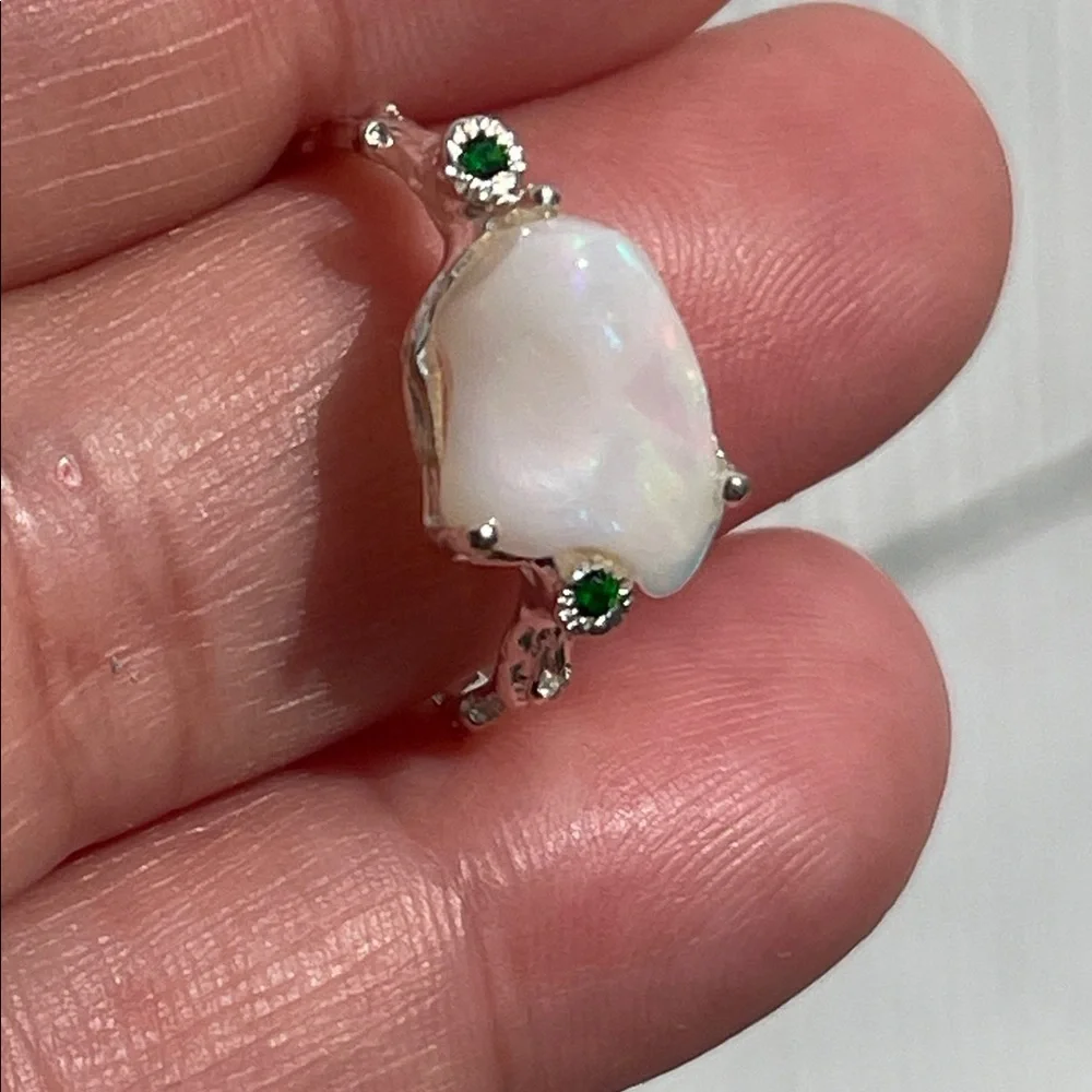 Natural Opal and Chrome DiopsideAccent 925 Sterling Silver Ring Size 7